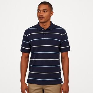 IZOD Men’s Navy Blue Striped Polo Shirt 100% Pima Cotton Soft Classic Fit Large